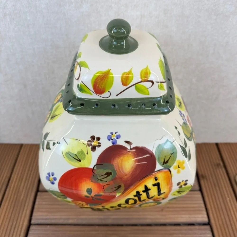 Nonni's Biscotti Cookie Jar Canister Fruits & Vines Hand Painted from Italy VTG